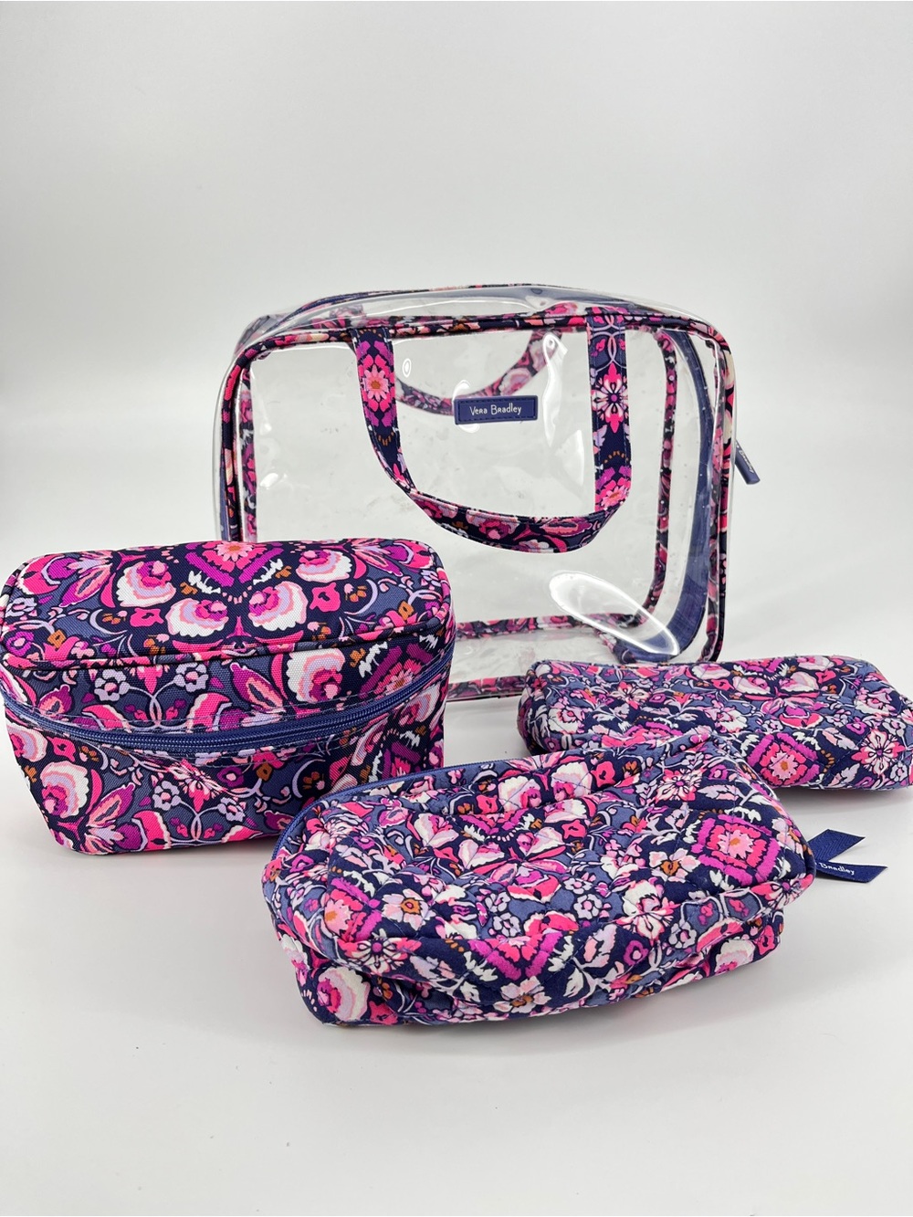 Vera Bradley 4 Piece Makeup Travel Set Magenta Medallion Purple Floral Clear